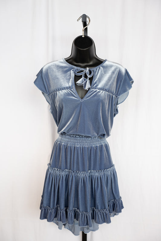 Misa Dusty Blue Velvet V-Neck w Tie Cap Sleeve Smocked Waist Mini Dress w Ruffles