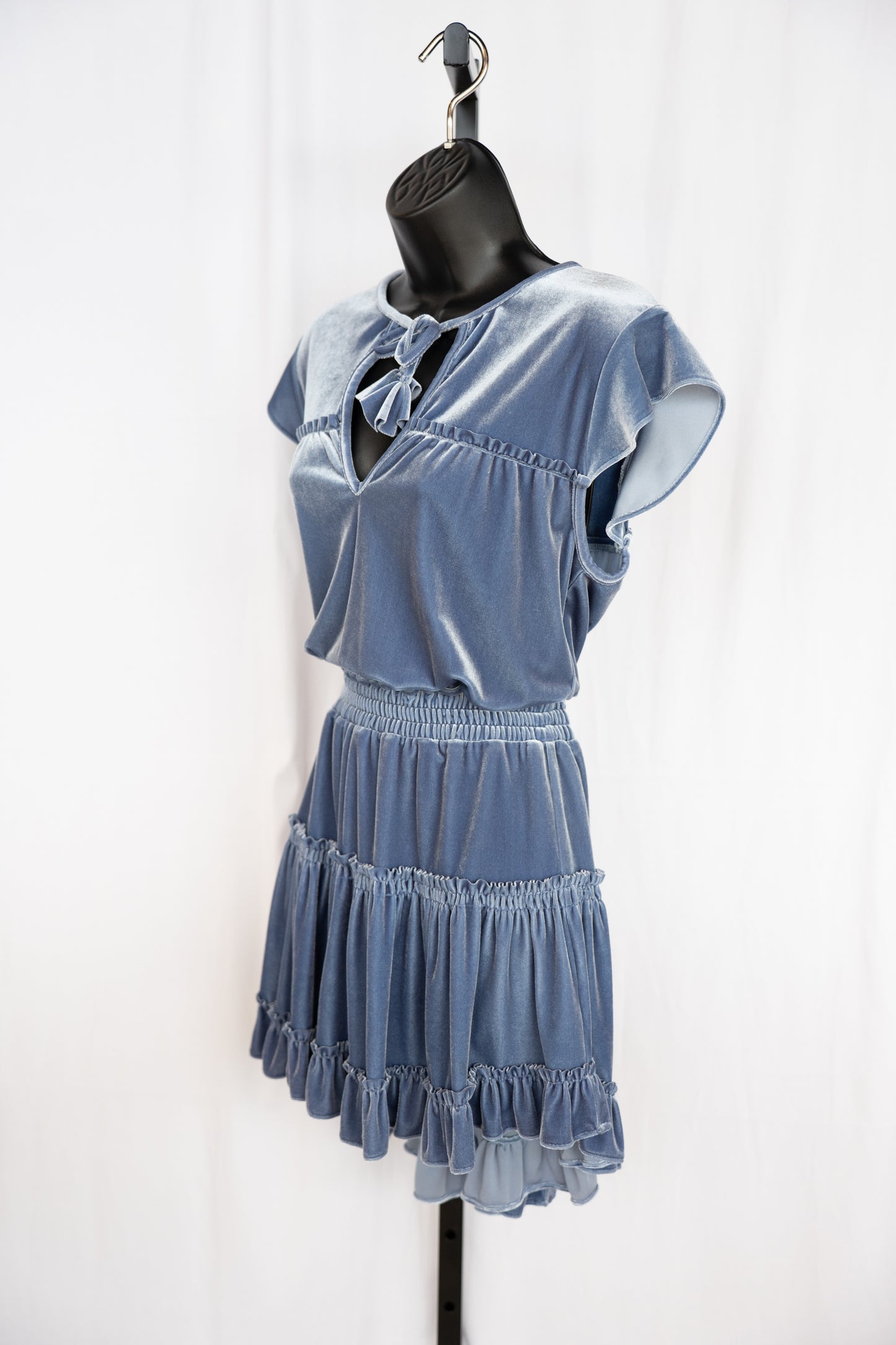 Misa Dusty Blue Velvet V-Neck w Tie Cap Sleeve Smocked Waist Mini Dress w Ruffles