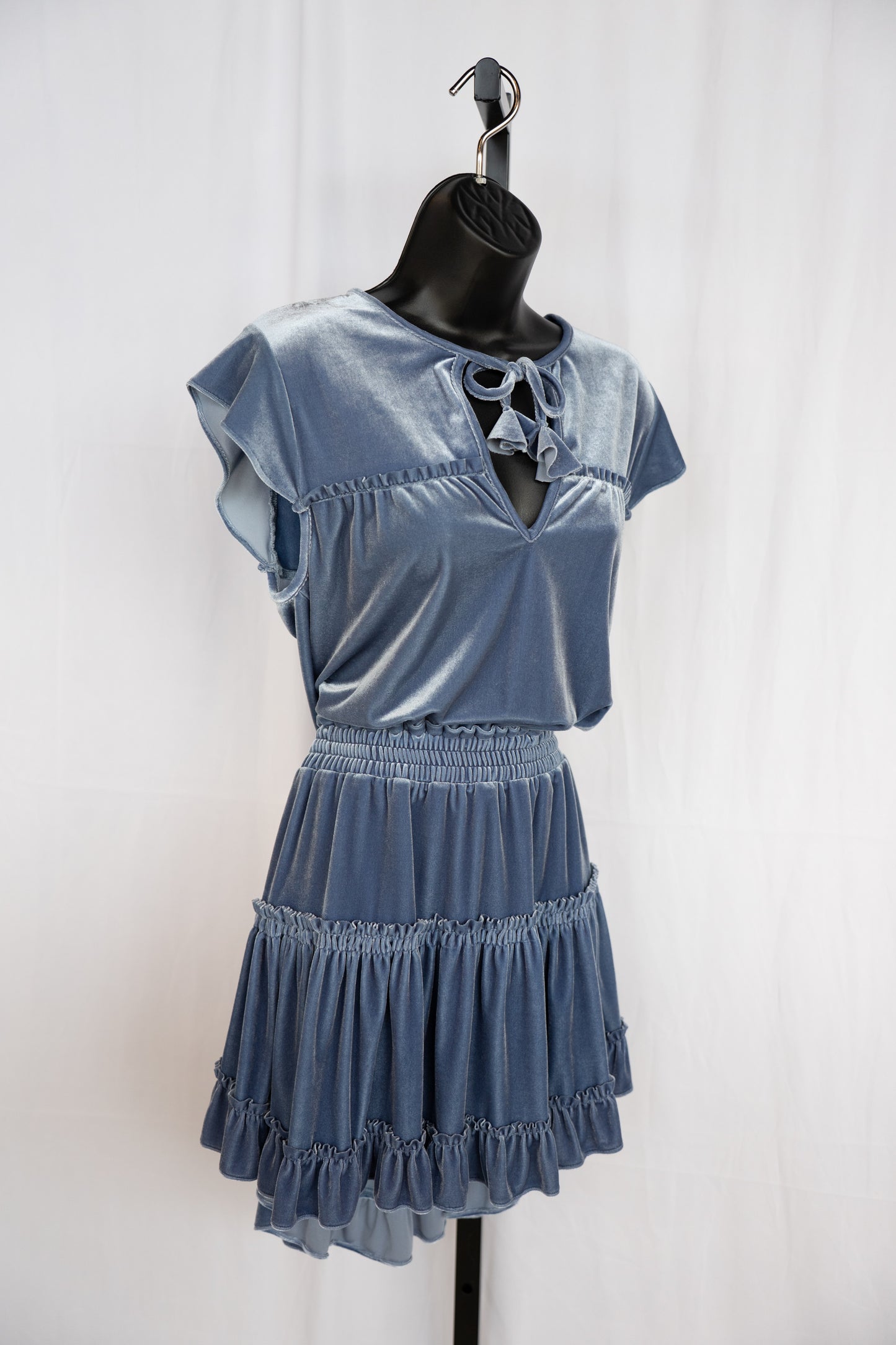 Misa Dusty Blue Velvet V-Neck w Tie Cap Sleeve Smocked Waist Mini Dress w Ruffles