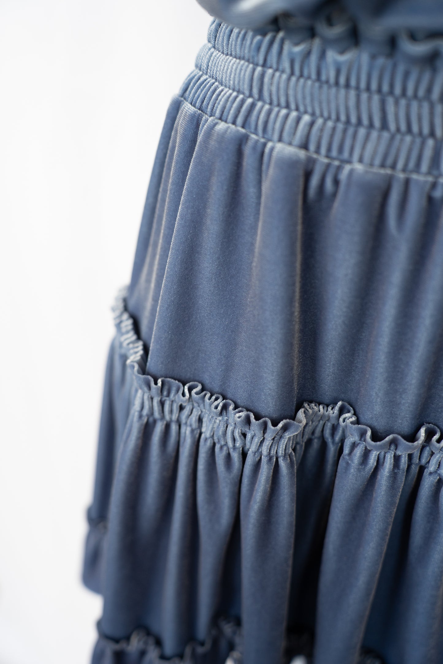 Misa Dusty Blue Velvet V-Neck w Tie Cap Sleeve Smocked Waist Mini Dress w Ruffles