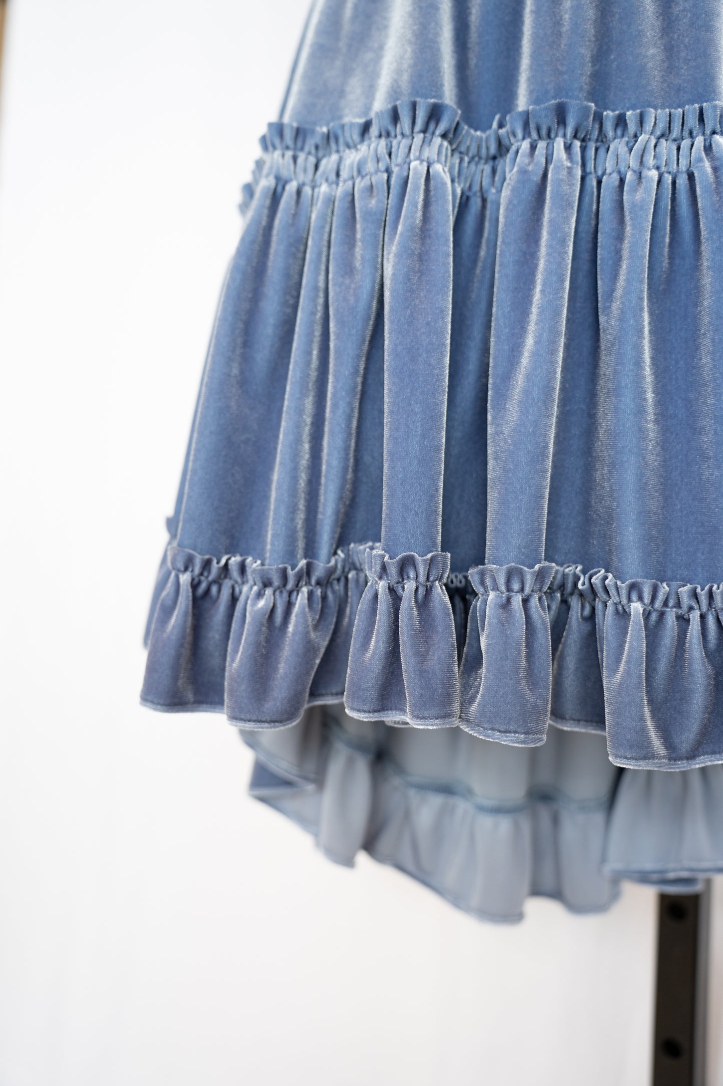 Misa Dusty Blue Velvet V-Neck w Tie Cap Sleeve Smocked Waist Mini Dress w Ruffles