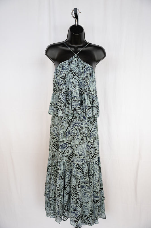 Cinq a Sept Blue & Navy Print Cross front Sleeveless Ruffle Midi Dress