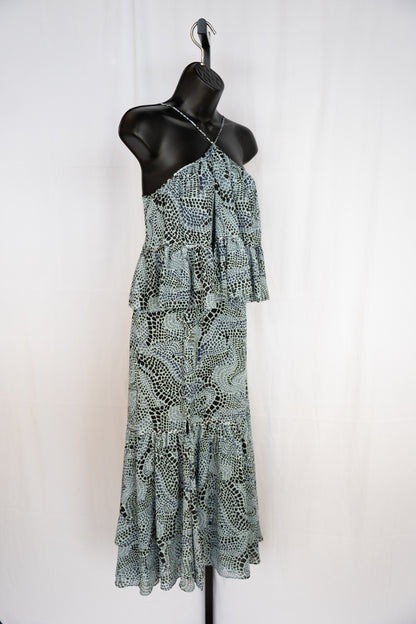 Cinq a Sept Blue & Navy Print Cross front Sleeveless Ruffle Midi Dress