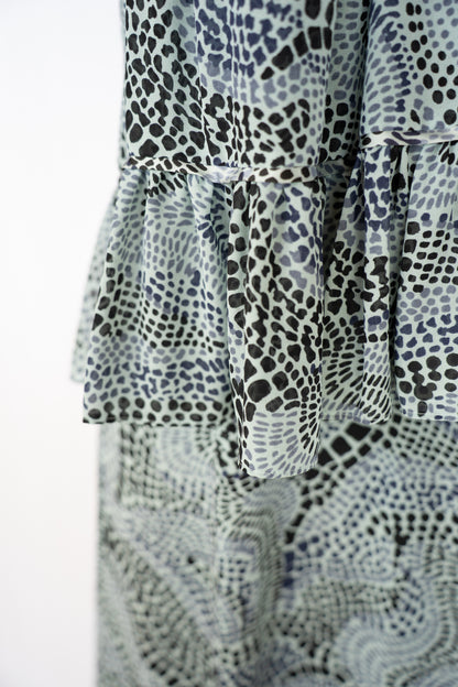 Cinq a Sept Blue & Navy Print Cross front Sleeveless Ruffle Midi Dress