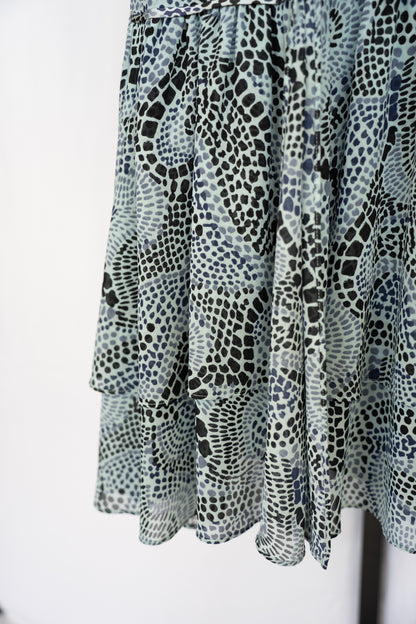 Cinq a Sept Blue & Navy Print Cross front Sleeveless Ruffle Midi Dress
