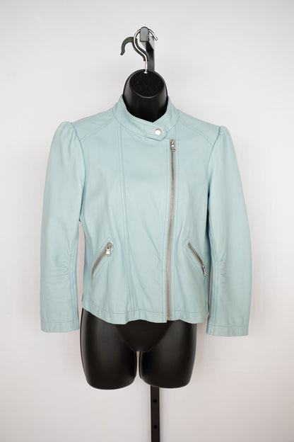 Rebecca Taylor Leather Baby Blue Puff Shoulder Moto Jacket