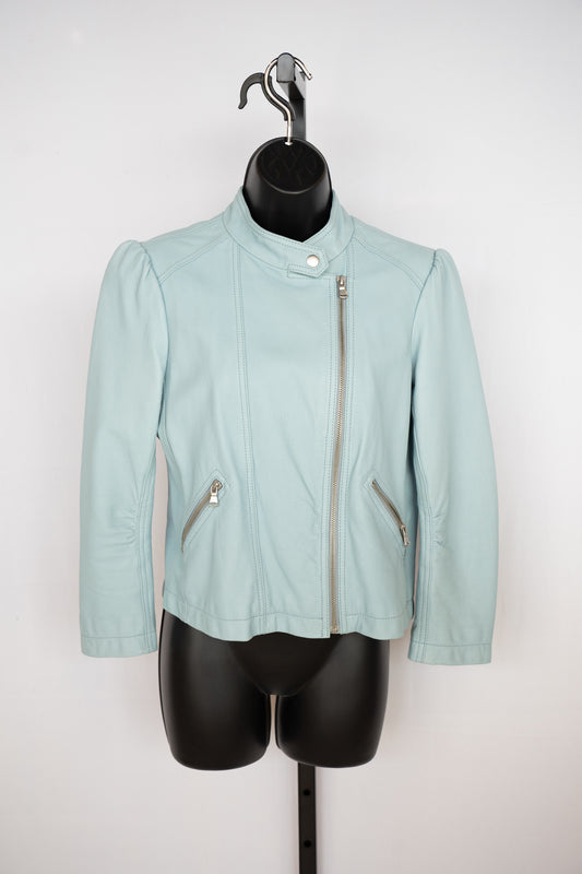 Rebecca Taylor Leather Baby Blue Puff Shoulder Moto Jacket