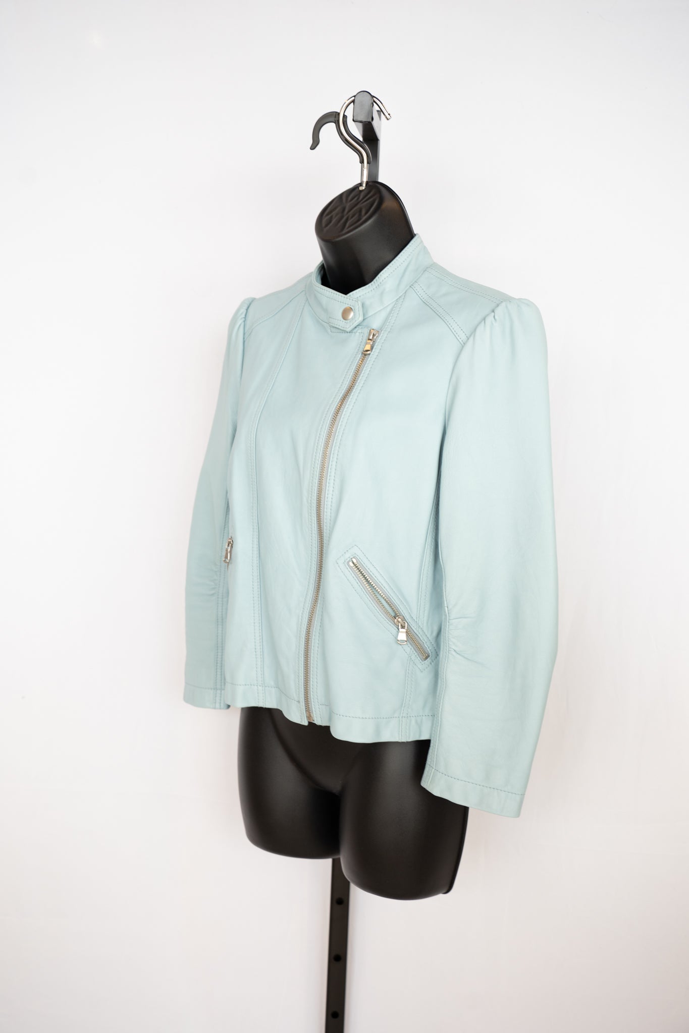 Rebecca Taylor Leather Baby Blue Puff Shoulder Moto Jacket