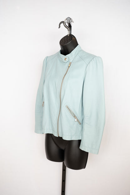 Rebecca Taylor Leather Baby Blue Puff Shoulder Moto Jacket