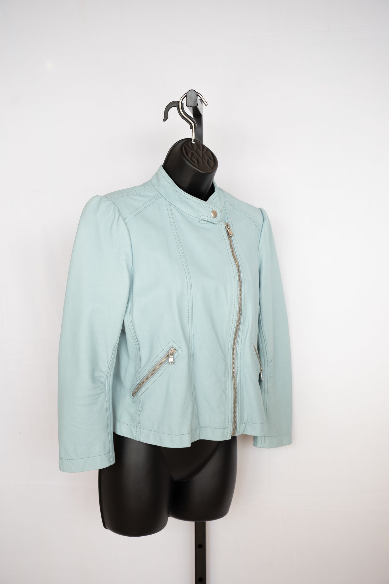 Rebecca Taylor Leather Baby Blue Puff Shoulder Moto Jacket