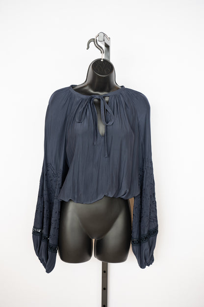 Ramy Brook Navy Blue Long Sleeve Blouse w/ Crochet Details on Sleeves