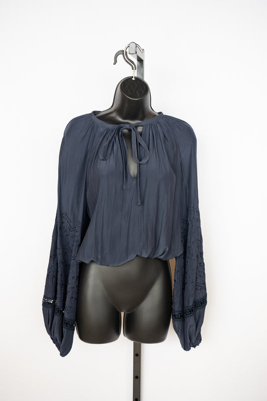 Ramy Brook Navy Blue Long Sleeve Blouse w/ Crochet Details on Sleeves
