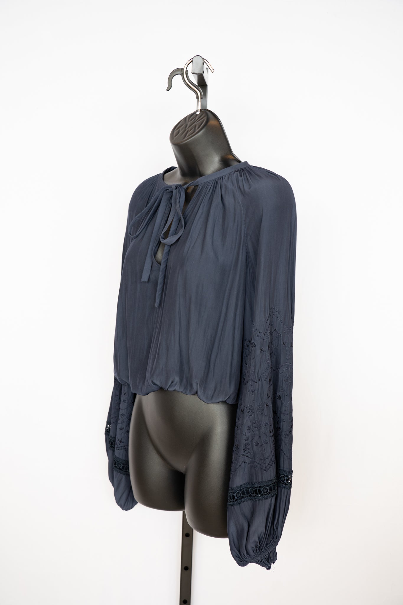 Ramy Brook Navy Blue Long Sleeve Blouse w/ Crochet Details on Sleeves