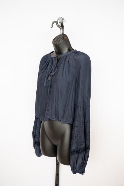 Ramy Brook Navy Blue Long Sleeve Blouse w/ Crochet Details on Sleeves