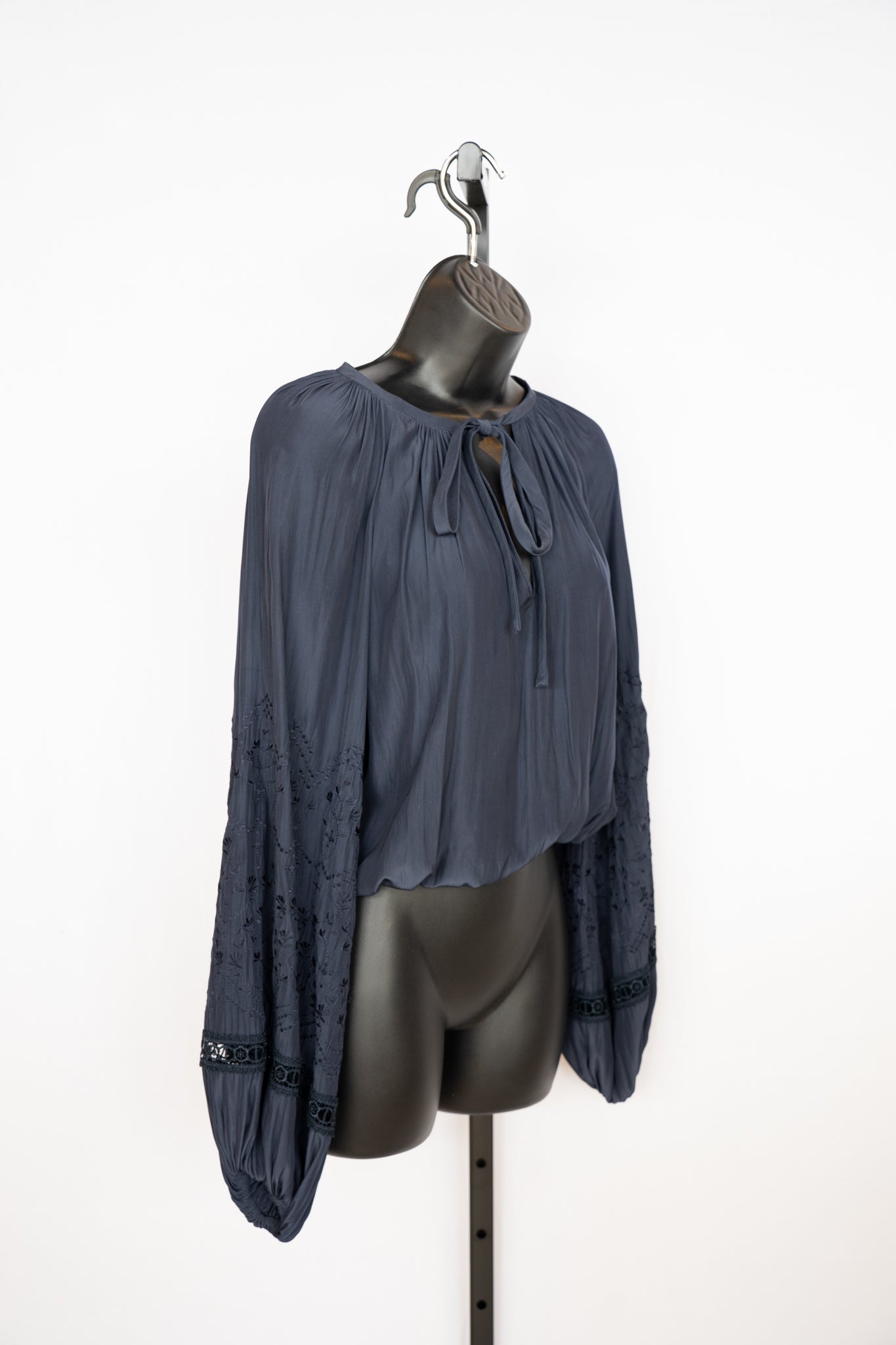 Ramy Brook Navy Blue Long Sleeve Blouse w/ Crochet Details on Sleeves