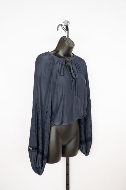 Ramy Brook Navy Blue Long Sleeve Blouse w/ Crochet Details on Sleeves