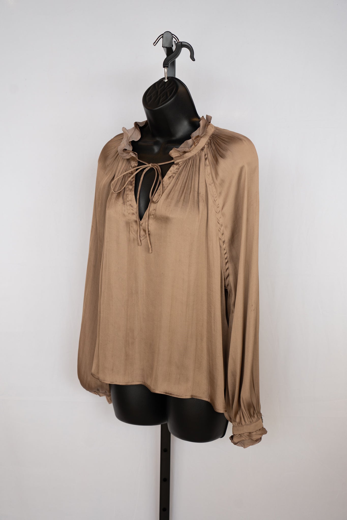 Reset Satin Brown Bronze Ruffle & Tie Neck Long Sleeve Blouse