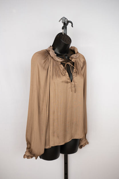 Reset Satin Brown Bronze Ruffle & Tie Neck Long Sleeve Blouse