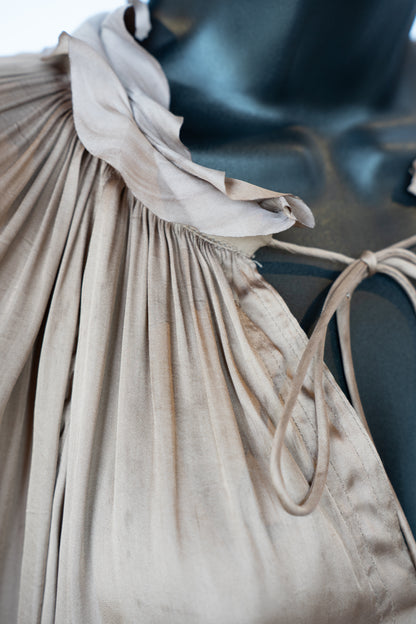 Reset Satin Brown Bronze Ruffle & Tie Neck Long Sleeve Blouse