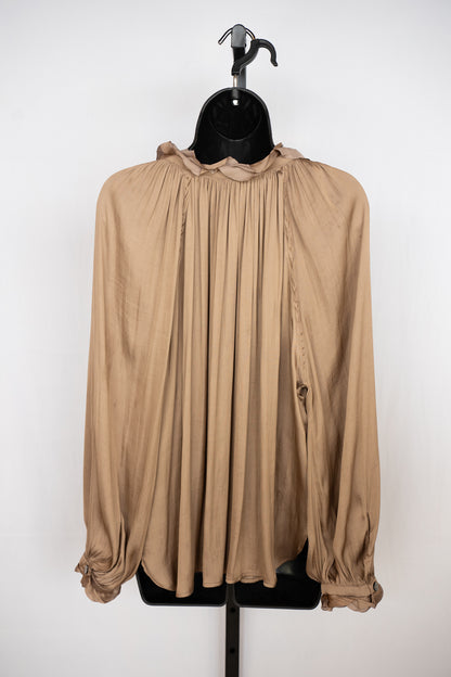 Reset Satin Brown Bronze Ruffle & Tie Neck Long Sleeve Blouse