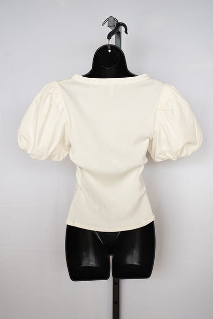 Derek Lam Cream Puff Short Sleeve Ribbed U-Neck Top