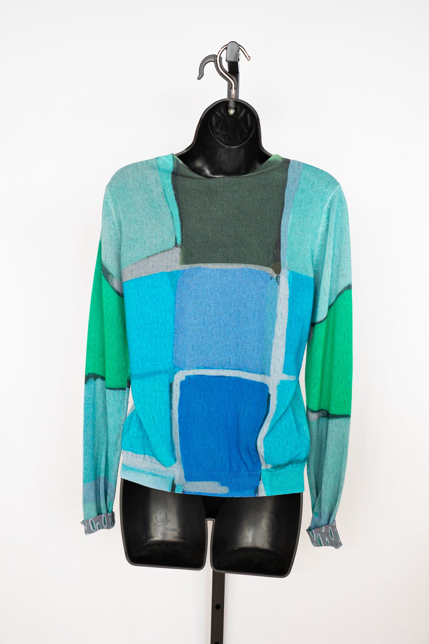 Deborah James Multi Blue & Green Square Print Reversible Cardigan Sweater NWT