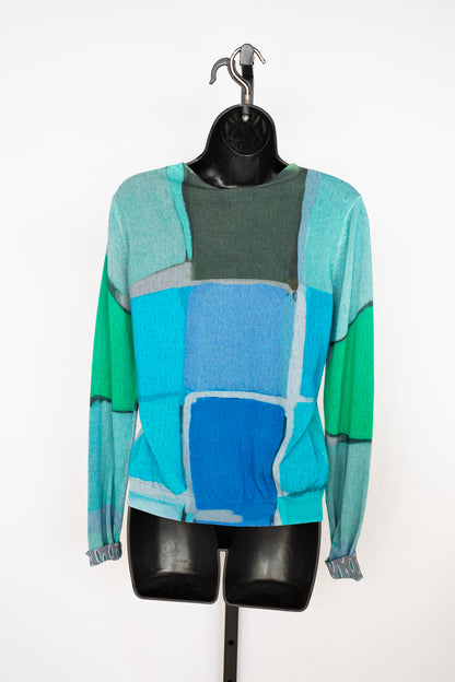 Deborah James Multi Blue & Green Square Print Reversible Cardigan Sweater NWT