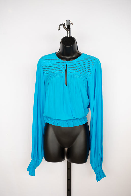 Ramy Brook Bright Blue Long Sleeve Blouse w/ Smocked Bottom NWT