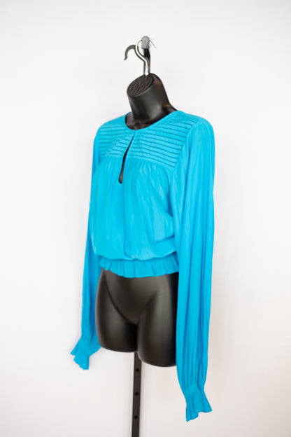 Ramy Brook Bright Blue Long Sleeve Blouse w/ Smocked Bottom NWT