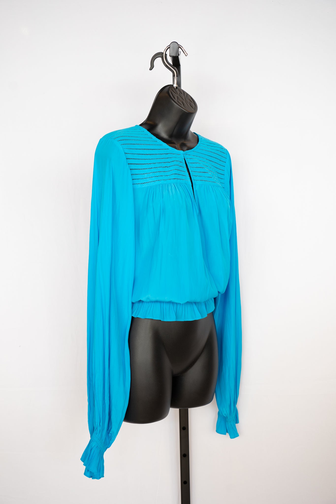 Ramy Brook Bright Blue Long Sleeve Blouse w/ Smocked Bottom NWT