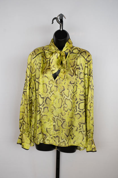Pinko Satin Yellow Snakeskin Print V & Tie-Neck Long Sleeve Blouse