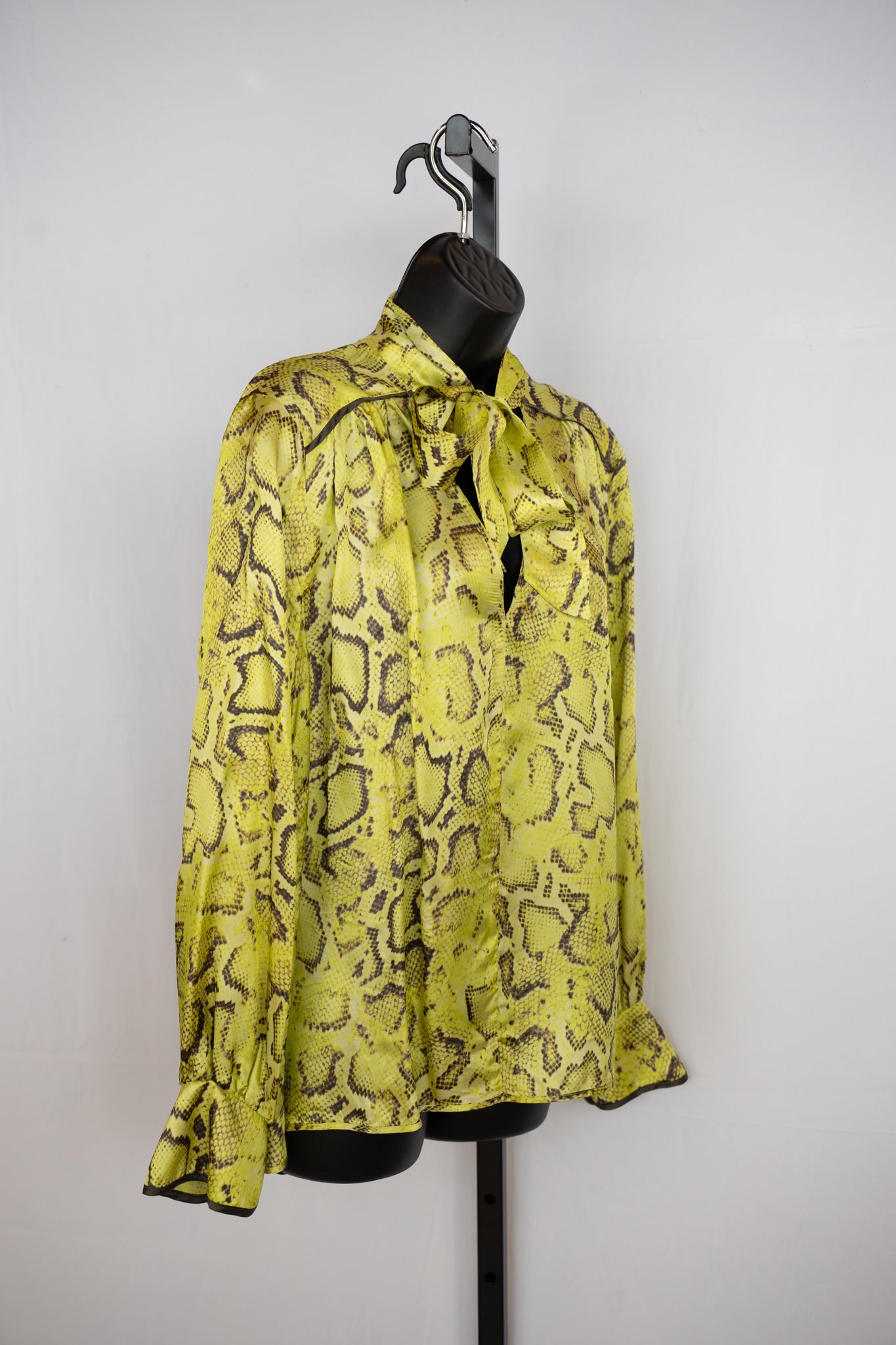 Pinko Satin Yellow Snakeskin Print V & Tie-Neck Long Sleeve Blouse