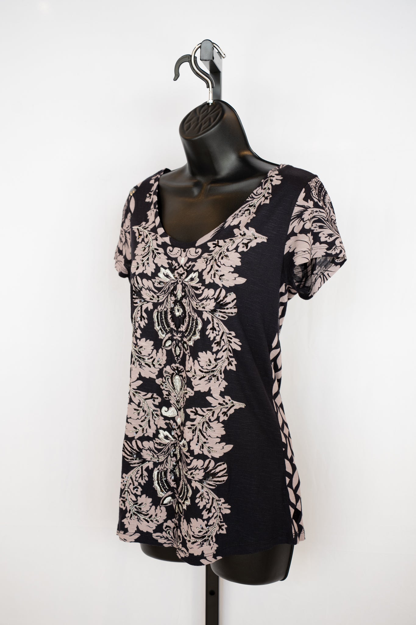 Desigual Black Light Purple Floral Beaded & Sequin Short Sleeve T-Shirt