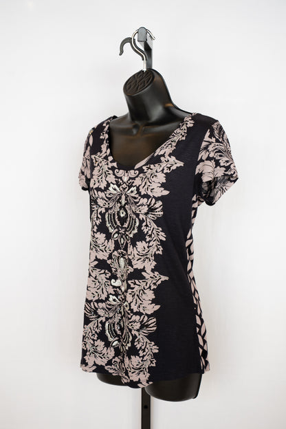 Desigual Black Light Purple Floral Beaded & Sequin Short Sleeve T-Shirt