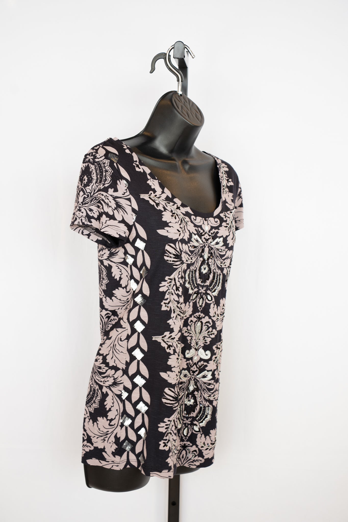 Desigual Black Light Purple Floral Beaded & Sequin Short Sleeve T-Shirt