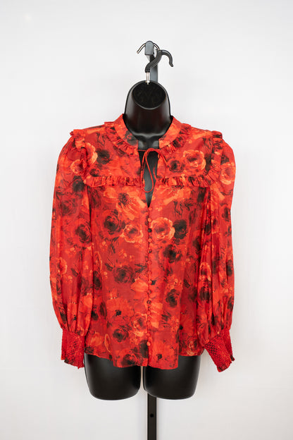 Alice + Olivia Red & Black Floral Button & Tie Neck Long Sleeve Blouse w Ruffle Detail