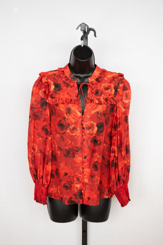 Alice + Olivia Red & Black Floral Button & Tie Neck Long Sleeve Blouse w Ruffle Detail
