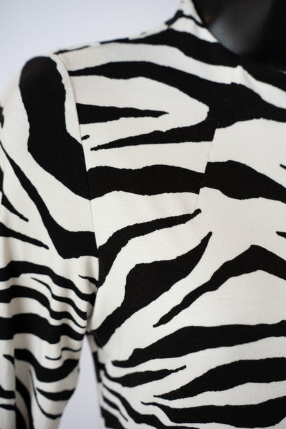 Alice + Olivia Black White Zebra Print High-Neck 1/2 Sleeve Midi Dress