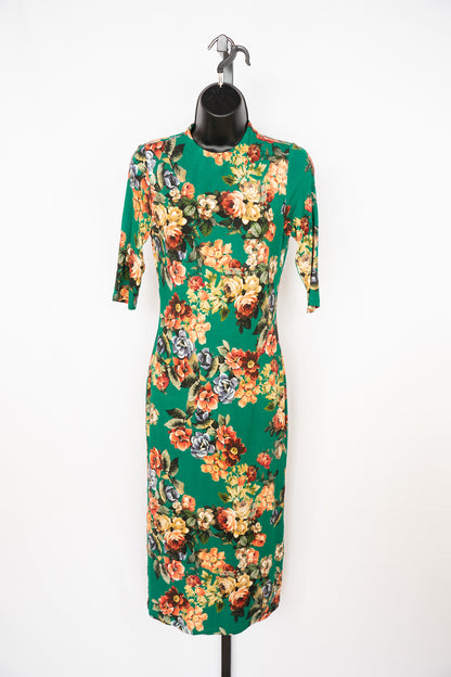 Alice + Olivia Green w Orange Blue Floral Print High-Neck 1/2 Sleeve Midi Dress