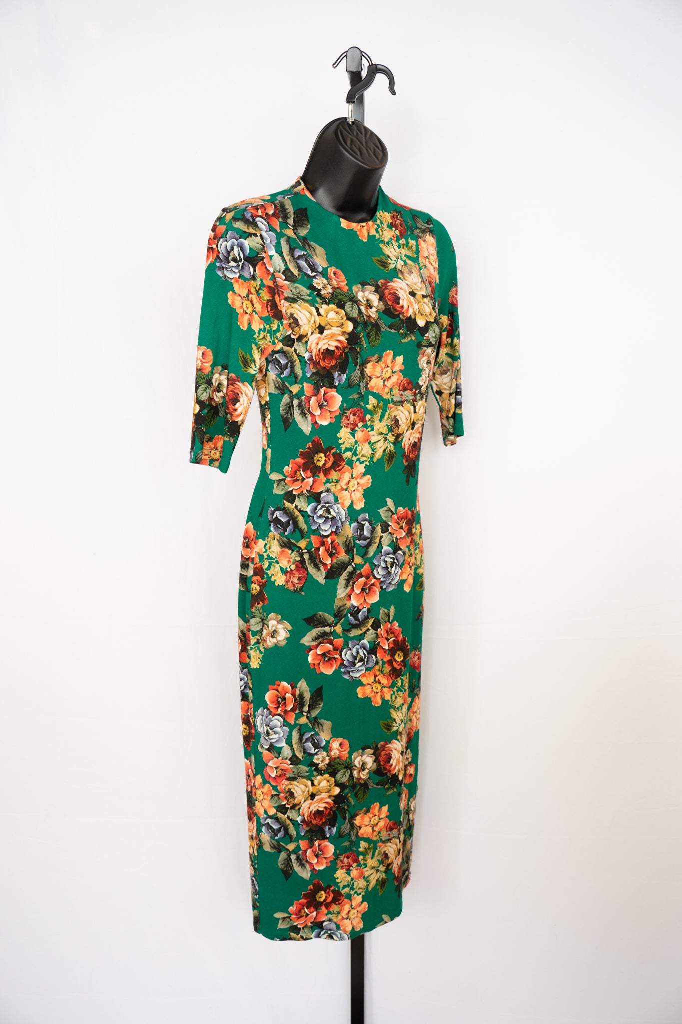 Alice + Olivia Green w Orange Blue Floral Print High-Neck 1/2 Sleeve Midi Dress