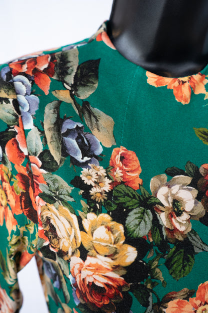 Alice + Olivia Green w Orange Blue Floral Print High-Neck 1/2 Sleeve Midi Dress