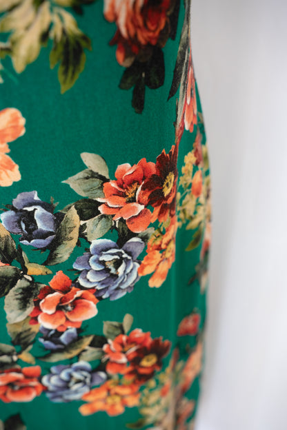 Alice + Olivia Green w Orange Blue Floral Print High-Neck 1/2 Sleeve Midi Dress