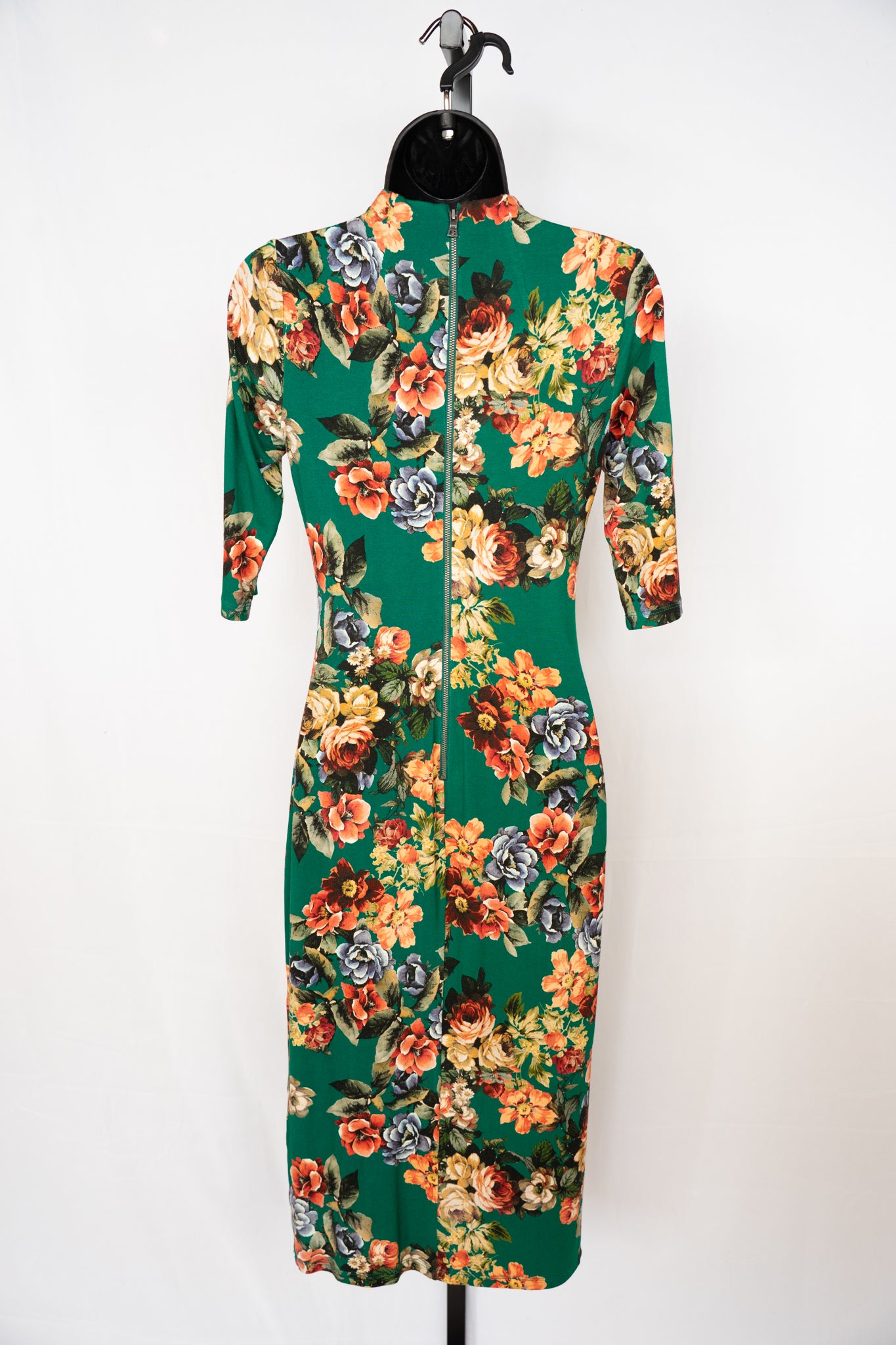 Alice + Olivia Green w Orange Blue Floral Print High-Neck 1/2 Sleeve Midi Dress