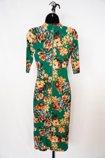 Alice + Olivia Green w Orange Blue Floral Print High-Neck 1/2 Sleeve Midi Dress