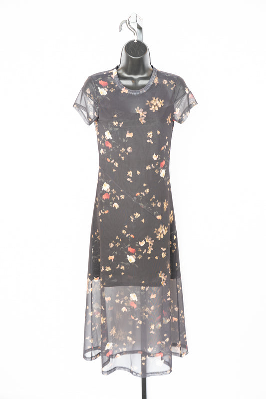 All Saints Black Floral Mesh Short Sleeve Midi Dress w Slip