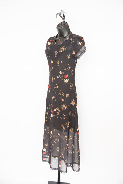 All Saints Black Floral Mesh Short Sleeve Midi Dress w Slip