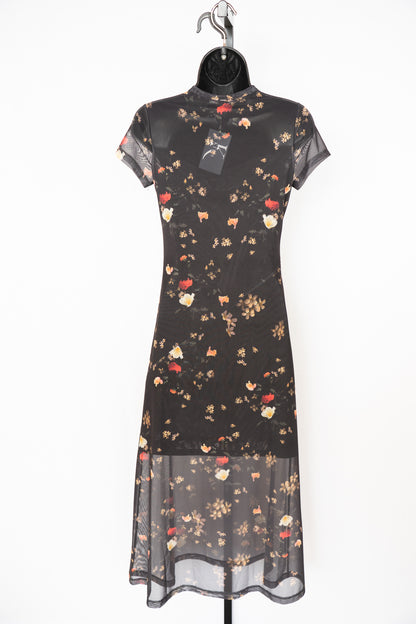 All Saints Black Floral Mesh Short Sleeve Midi Dress w Slip