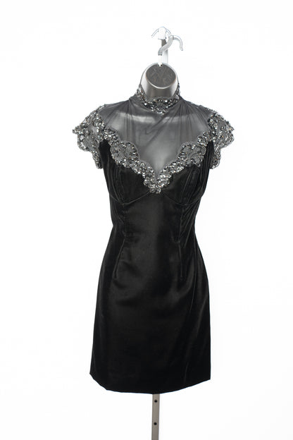 Vicky Tiel Couture Black Velvet Mini Dress w/ Mesh Top & Sequin Detail