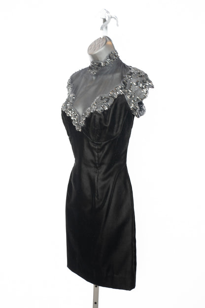 Vicky Tiel Couture Black Velvet Mini Dress w/ Mesh Top & Sequin Detail