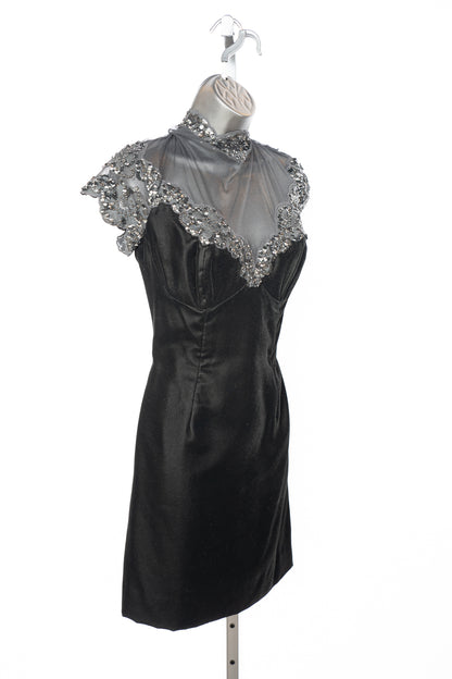 Vicky Tiel Couture Black Velvet Mini Dress w/ Mesh Top & Sequin Detail